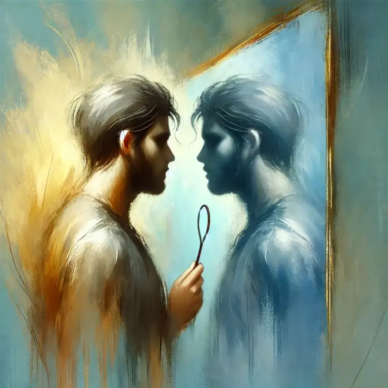 Mand med mørkt hår, der holder en spejl i hånden og ser på sin refleksion.
